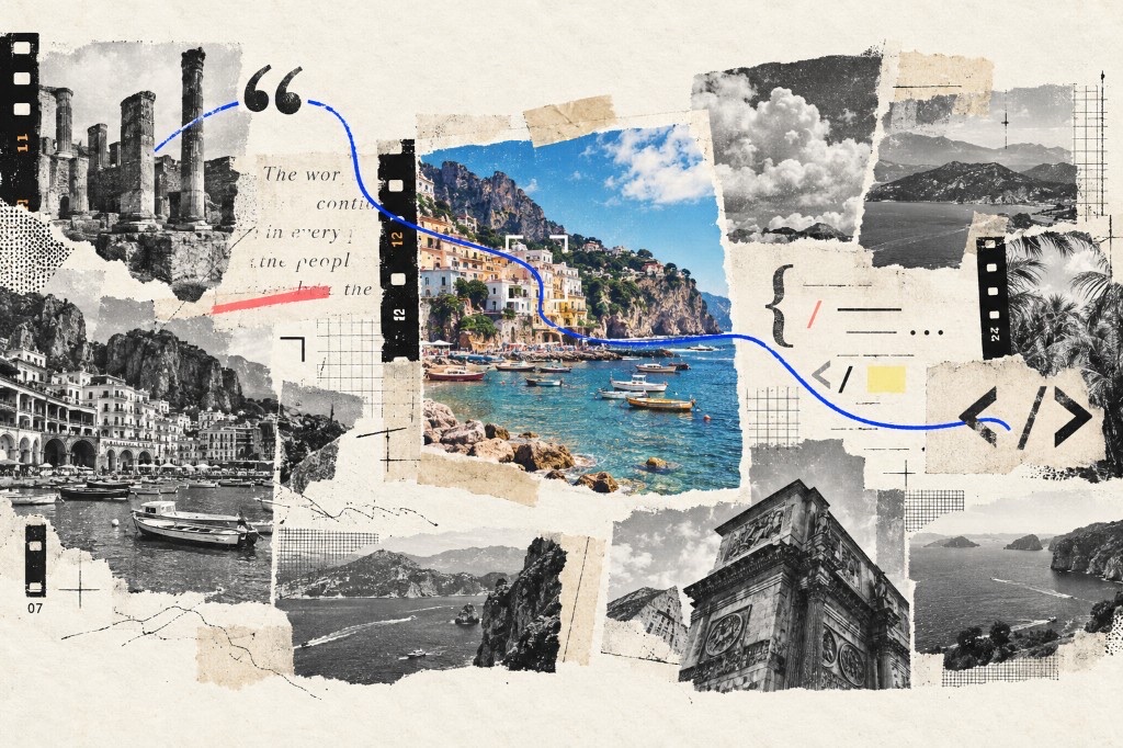 Torn-paper travel collage — Amalfi Coast photo framed in a viewfinder, film strips, quotation marks, and a blue path ending in a code closing tag