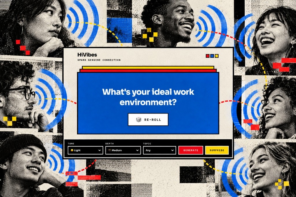 Hi Vibes collage — app window asking What’s your ideal work environment?, surrounded by portraits, signal waves, and red-yellow-blue accents