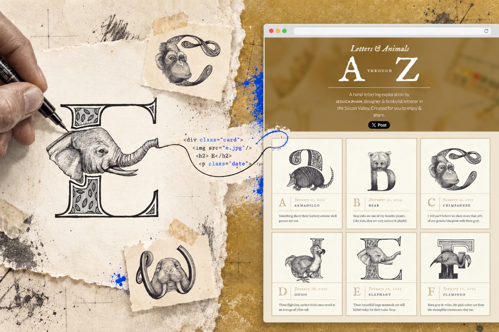Collage of Letters & Animals — hand drawing an elephant E beside the A-through-Z web gallery and a scrap of HTML