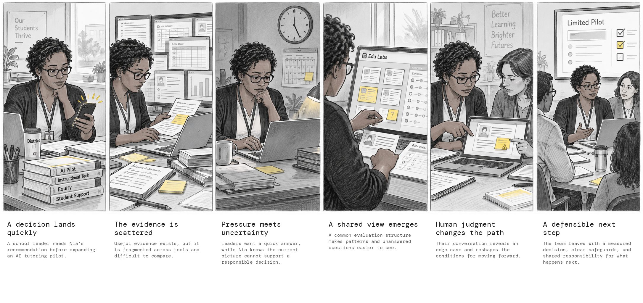 Example storyboard of Nia evaluating an AI tutoring pilot across six panels