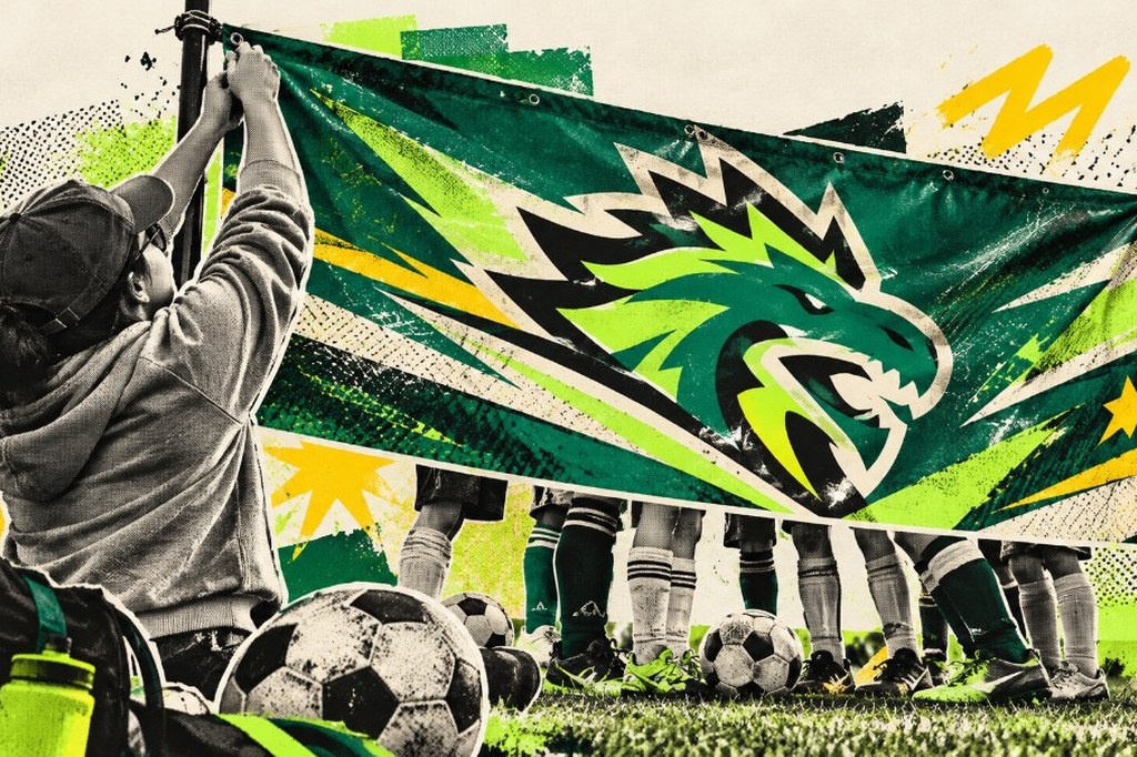 Collage of a soccer mom hanging a fierce green dragon team banner while kids stand ready on the field