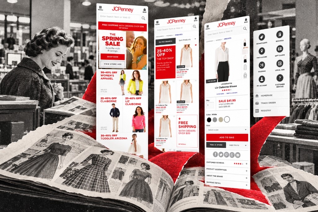 JCPenney — Mobile, finally. JCPenney mobile screens floating over a vintage department-store collage — homepage, product listing, product detail, and navigation woven with a red ribbon