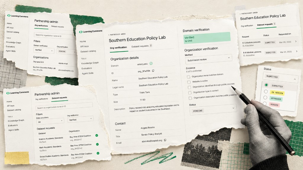 Learning Commons — Trust before access. Torn-paper collage of the Learning Commons Partnership Admin dashboard — org verifications list, DNS-verified org detail with evidence checklist, dataset requests, and status menu