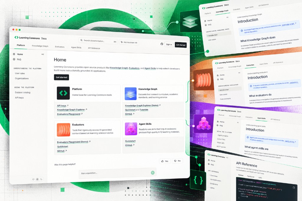 Learning Commons — Docs, out of the docs. Collage of Learning Commons Docs on Mintlify — home with product cards, Knowledge Graph, Evaluators, Agent Skills, and API Reference screens floating over green geometric and code accents