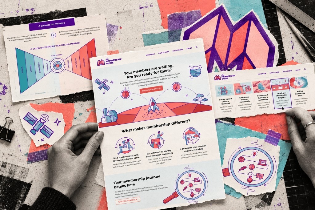 NYU — The Membership Guide. Hands holding The Membership Guide homepage among torn-paper collage pieces — logo, member-journey map, and handbook screens