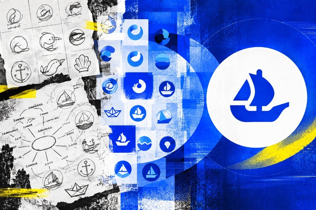 OpenSea — A quieter ship. Collage of OpenSea logo exploration — pencil sketches, digital iterations, and the final blue sailboat mark