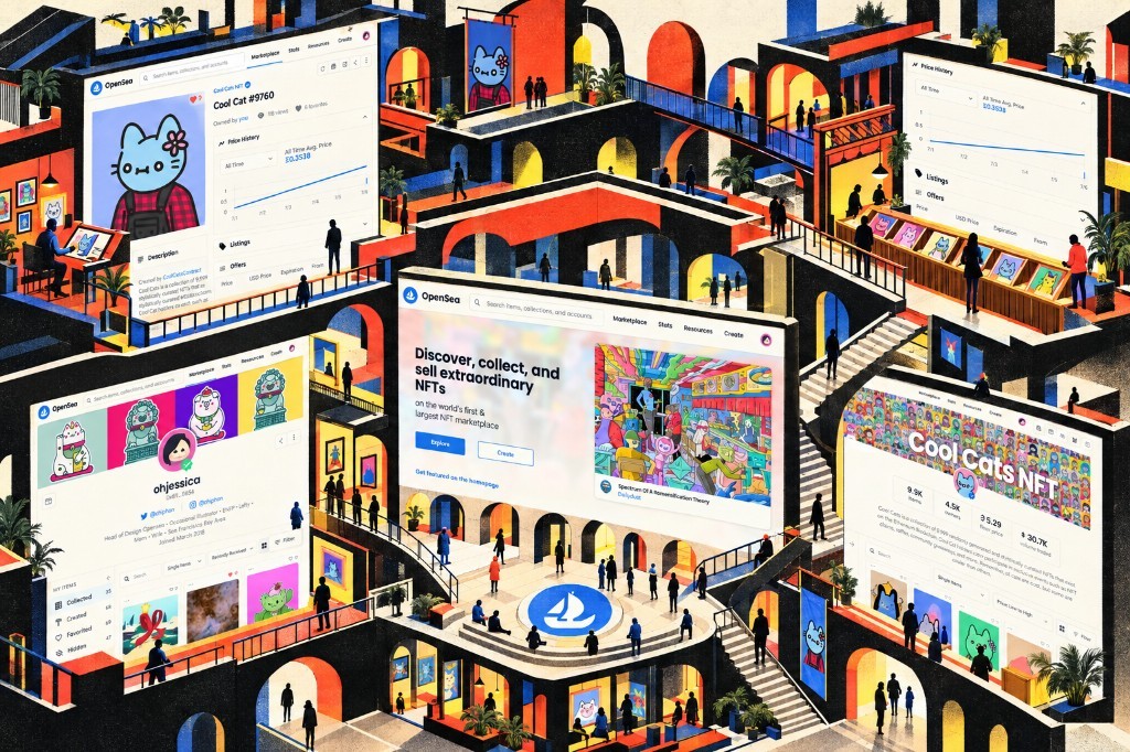 OpenSea — Marketplace at full tilt. Surreal isometric collage of OpenSea marketplace screens — discovery, profiles, collections, and price history — woven into an Escher-like architectural world