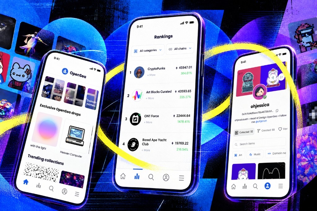 OpenSea — OpenSea, in your pocket. Three phones showing OpenSea mobile — discovery, rankings, and profile — against a dark blue and purple NFT collage