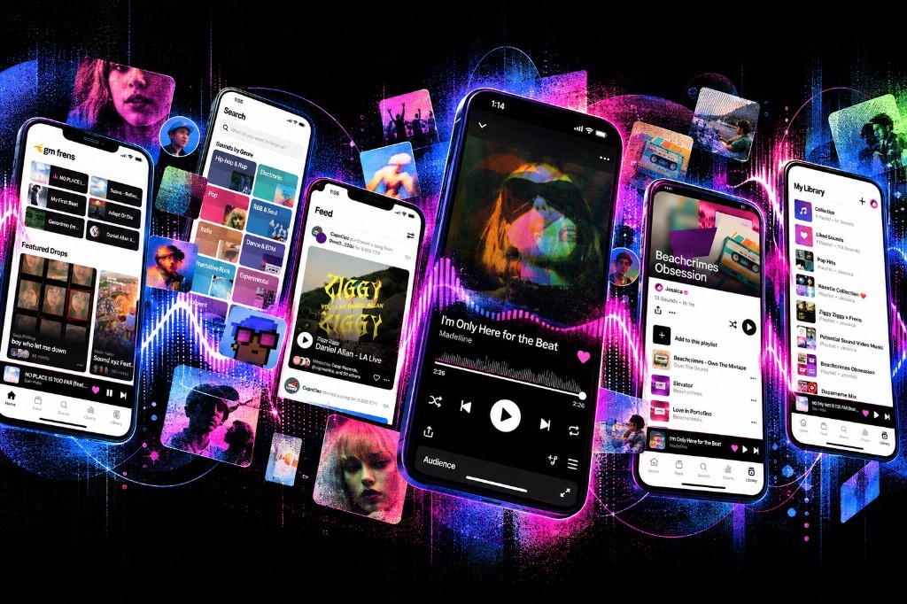 Sound.xyz — Music, on-chain. Six phones showing Sound.xyz iOS screens for home, search, feed, player, playlist, and library against neon audio waves