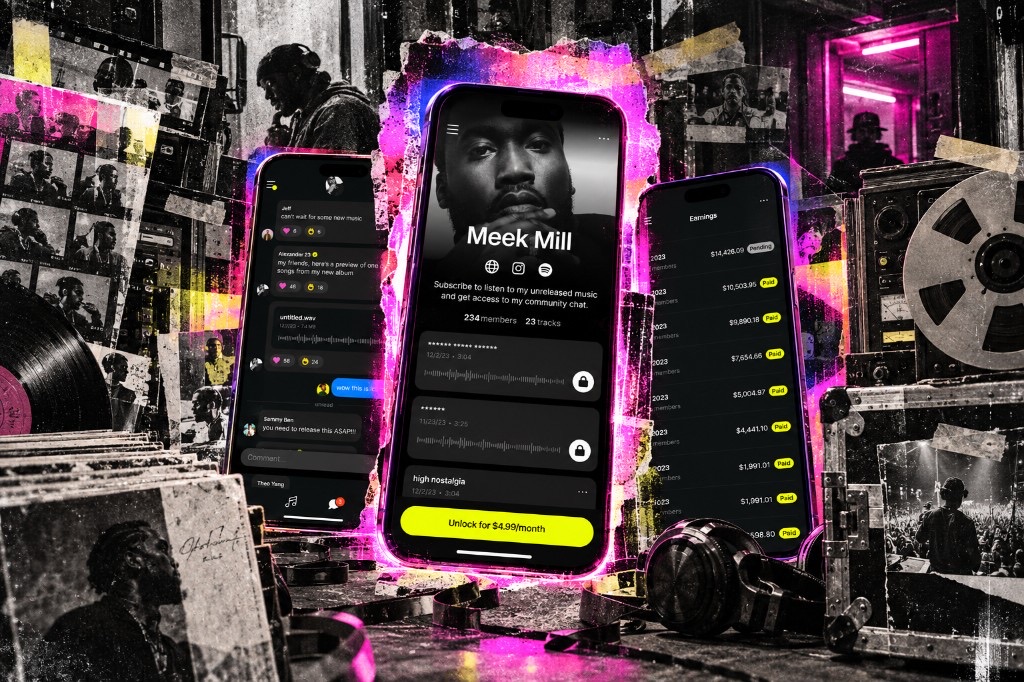 Vault.fm — Before anyone else hears it. Three phones showing Vault.fm screens for artist profile, community chat, and earnings against a street-style music collage