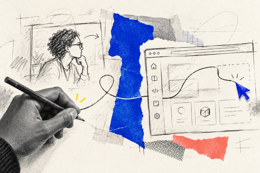 Collage of a hand sketching a line toward a browser UI, with a thoughtful designer sketch, torn blue and red paper, and a bright blue cursor