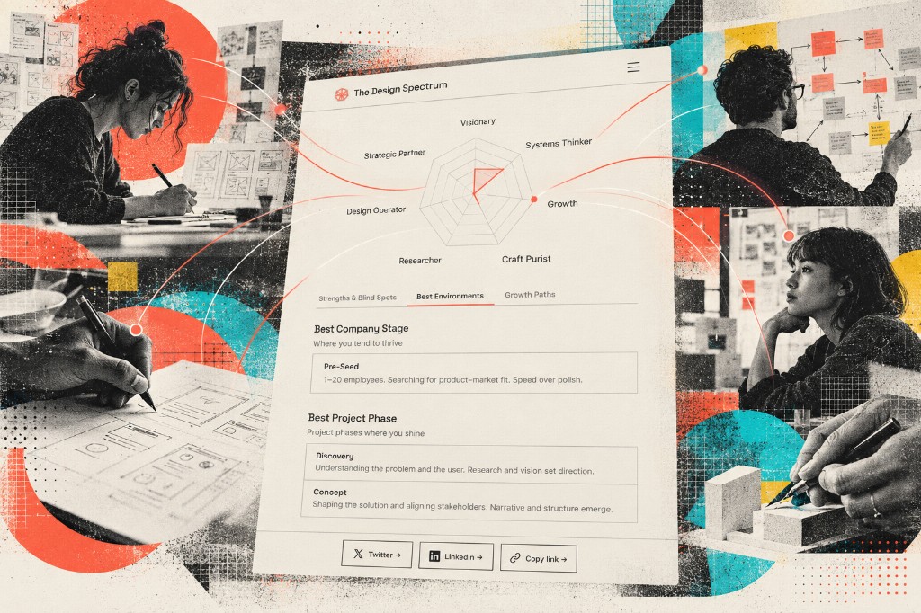 Collage cover for The Design Spectrum — radar chart of design archetypes linked to photos of designers sketching, mapping, and making