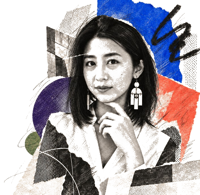 Collage portrait of Jessica resting her chin on her hand, layered with torn blue, orange, and purple paper shapes