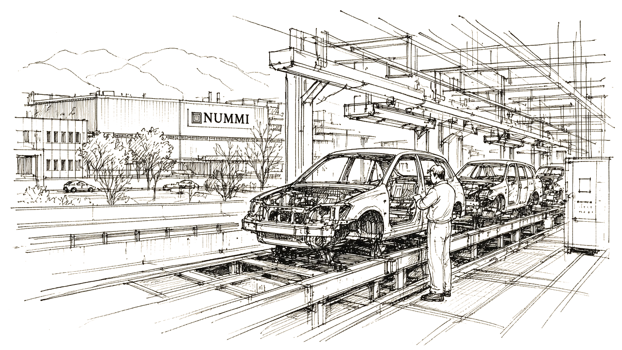 Ink sketch of a car assembly line
