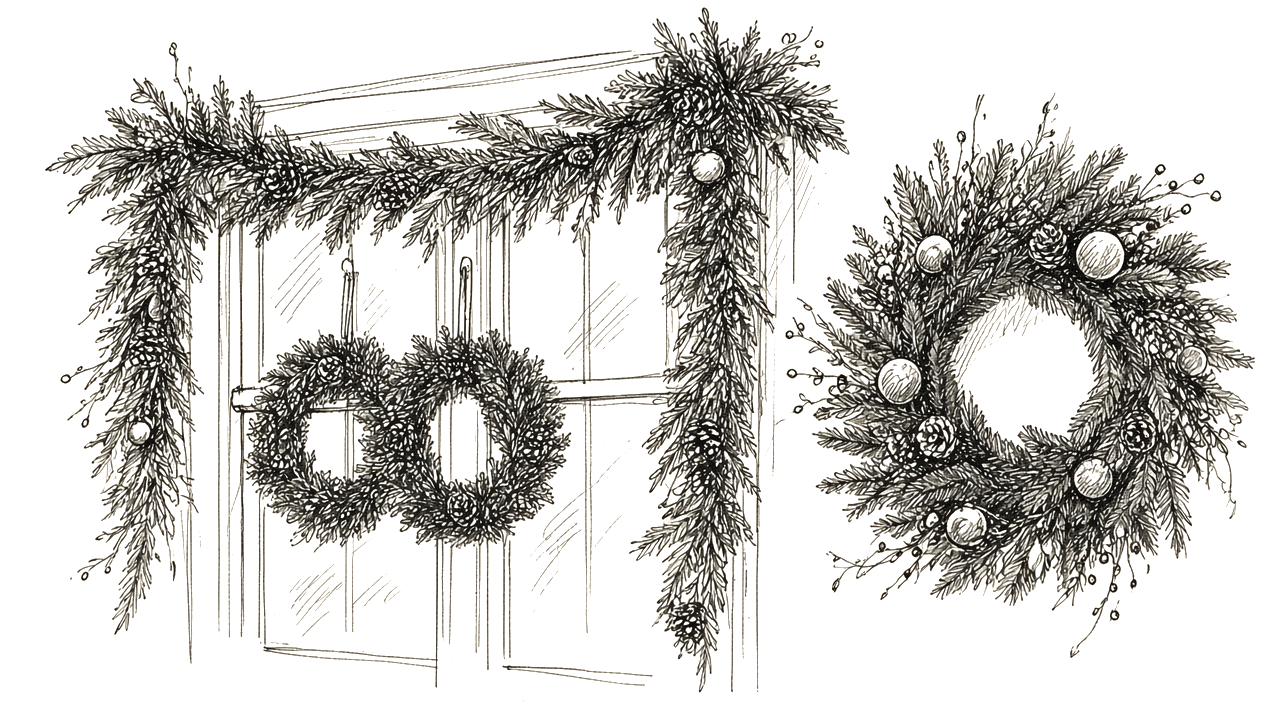 Ink sketch of holiday wreaths and garlands