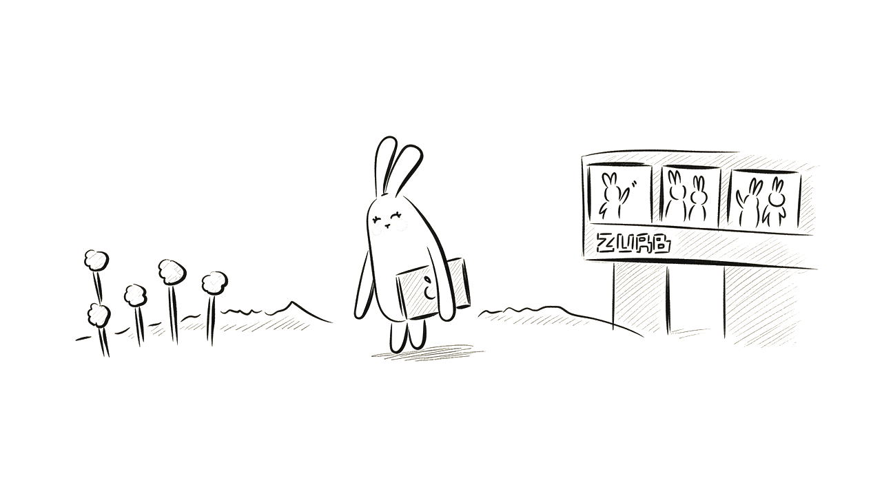 Ink sketch of a bunny leaving an office building