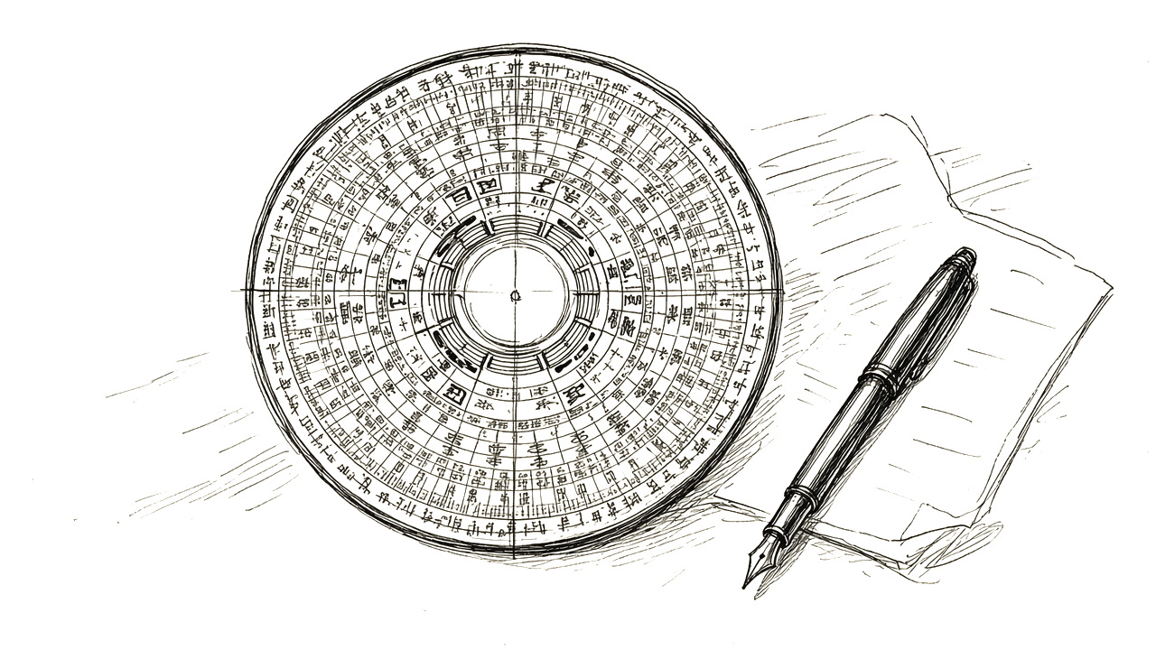 Ink sketch of a feng shui compass and writing tools