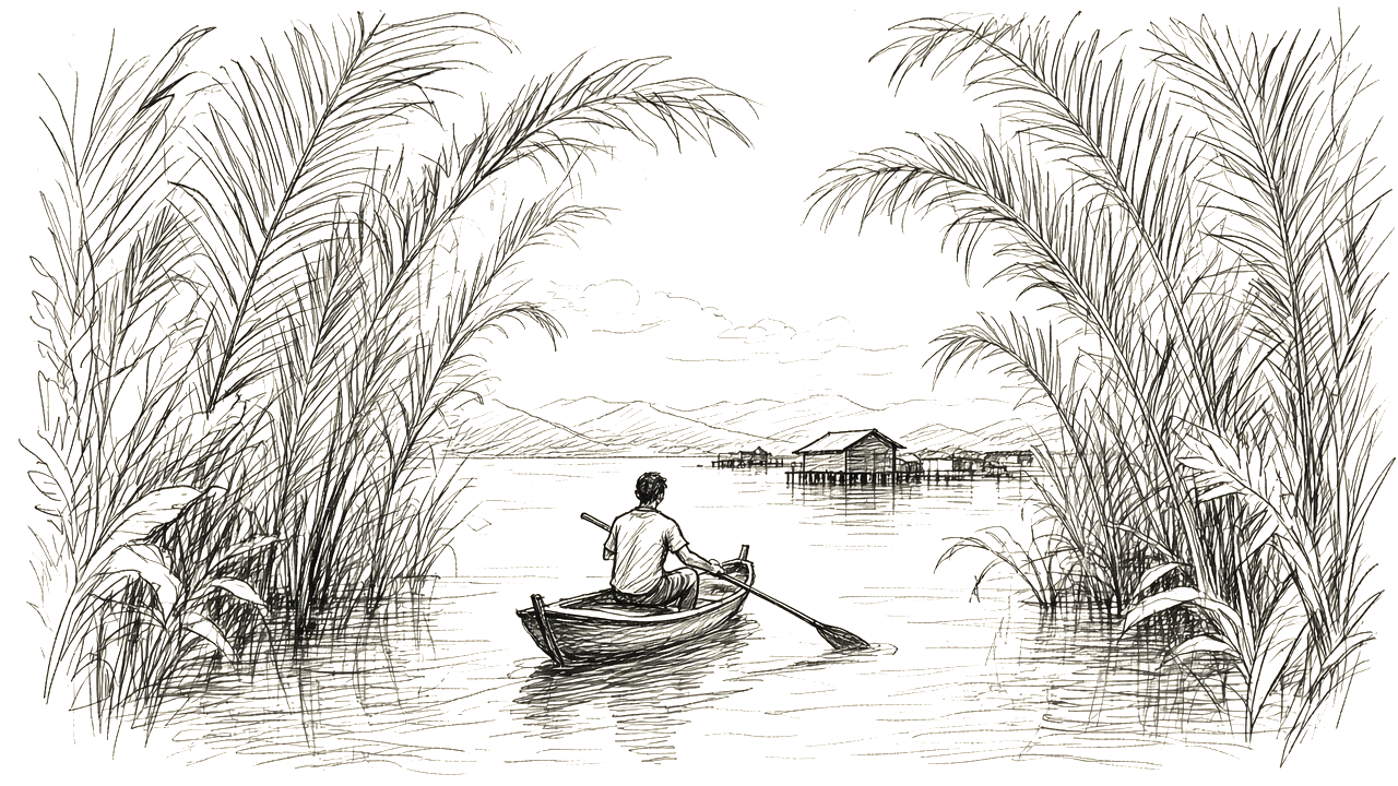 Ink sketch of travel through tropical waters
