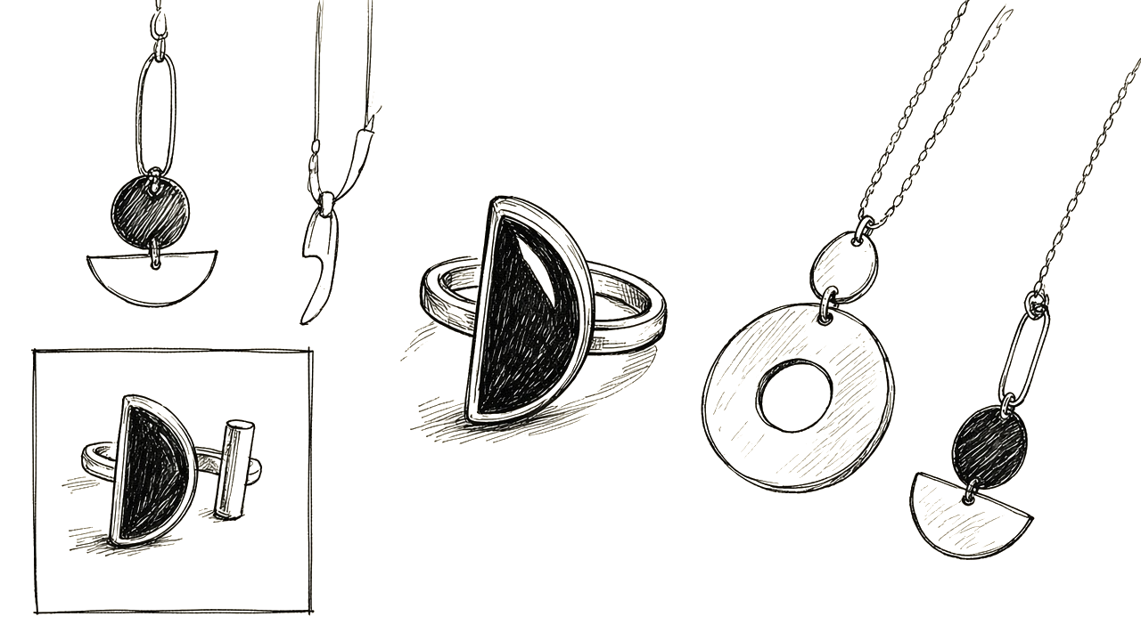 Ink sketch of Hathorway jewelry studies