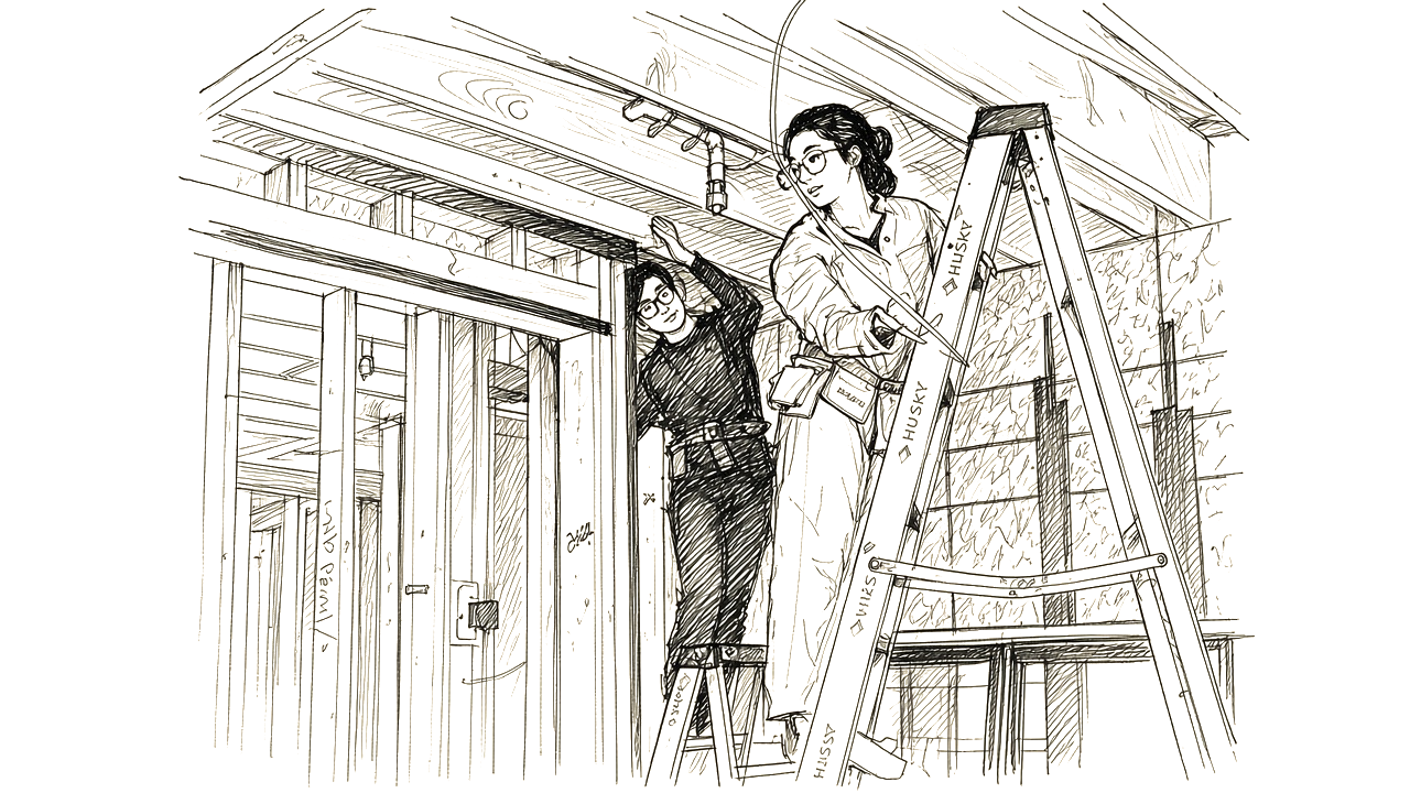 Ink sketch of Jessica and her husband working on their house