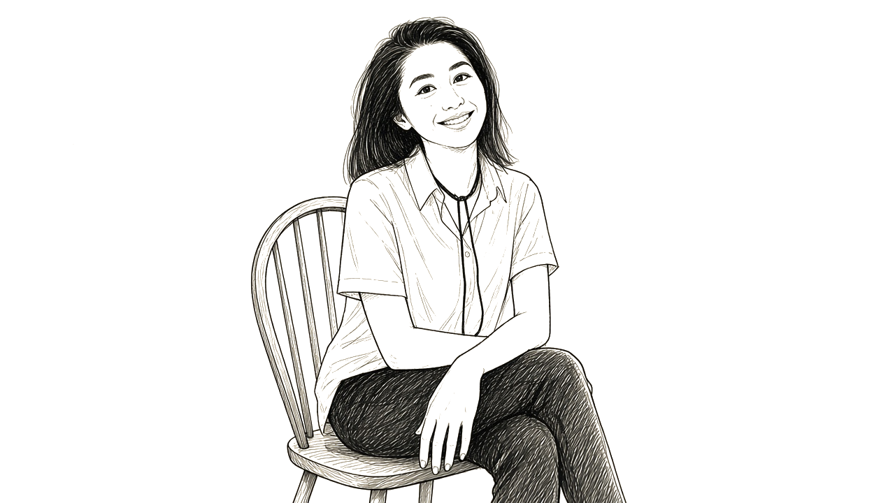 Ink sketch of Jessica in her studio chair