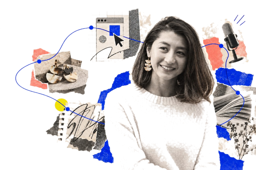 Collage portrait of Jessica smiling, layered with torn paper, a microphone, an open book, jewelry, and a winding blue path