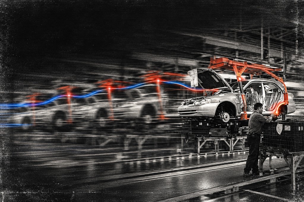 Stylized photo of a worker on a car assembly line with a glowing red lift