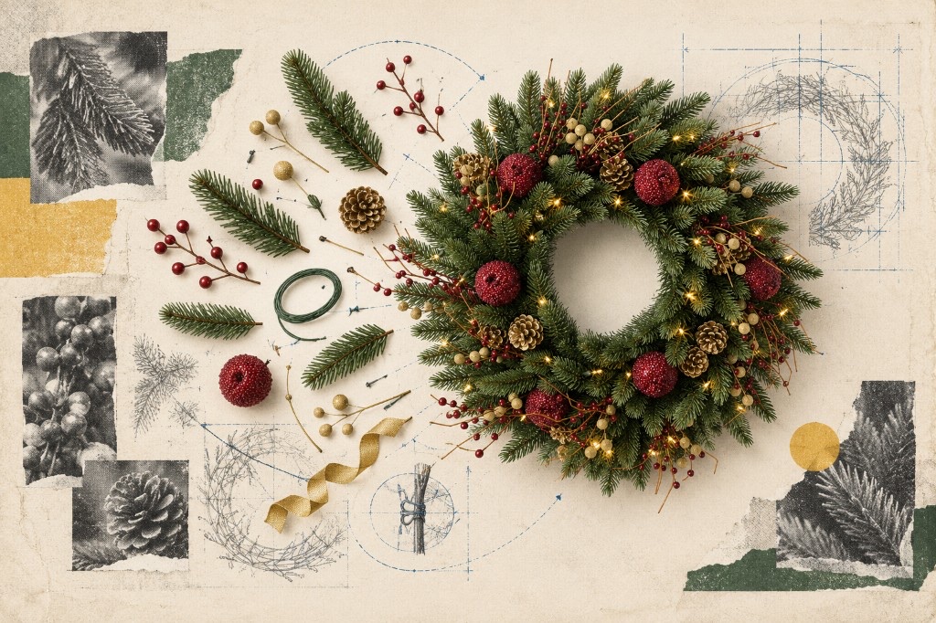 Collage of luxury holiday wreaths, garlands, and Christmas trees