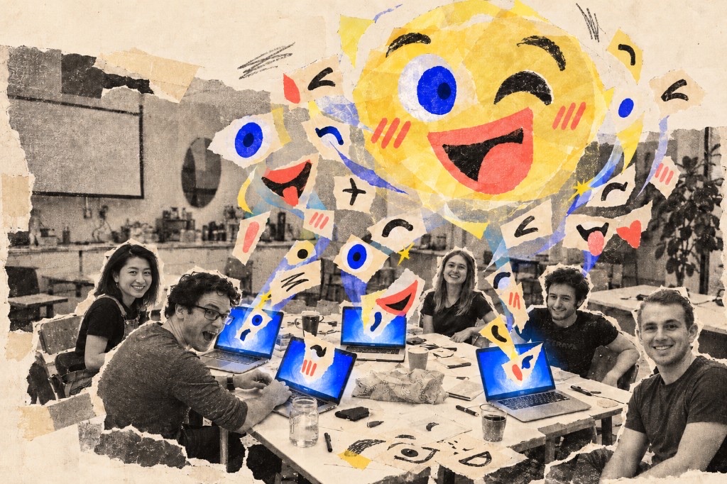Torn-paper collage of five people at laptops with emoji fragments streaming from glowing screens into a yellow winking face
