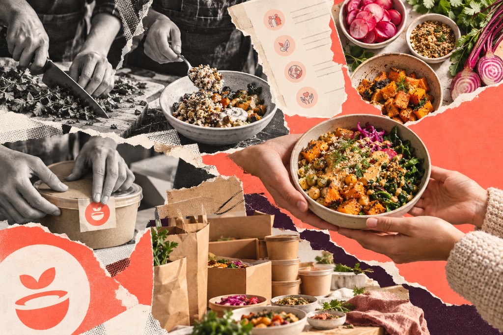 Collage of Ritual Meals — chopping herbs, grain bowls, packaging, and the coral bowl logo
