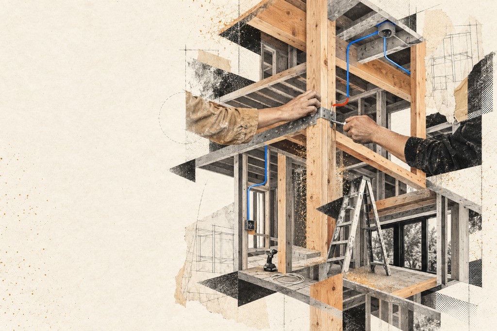 Collage of hands framing a house under construction with wires and tools
