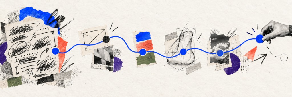 Collage of scribbled ideas connected by a cobalt line through wireframes, color swatches, and a hand placing the final dot