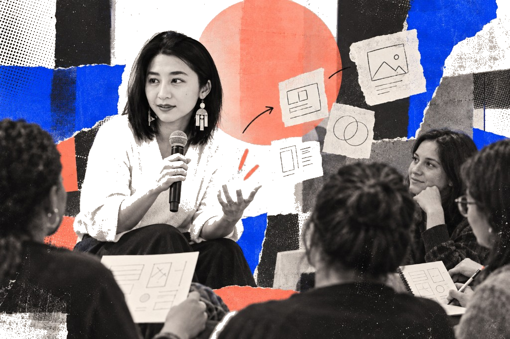 Torn-paper collage of Jessica speaking into a mic at a workshop, with audience sketches and floating design diagrams on blue and red scraps