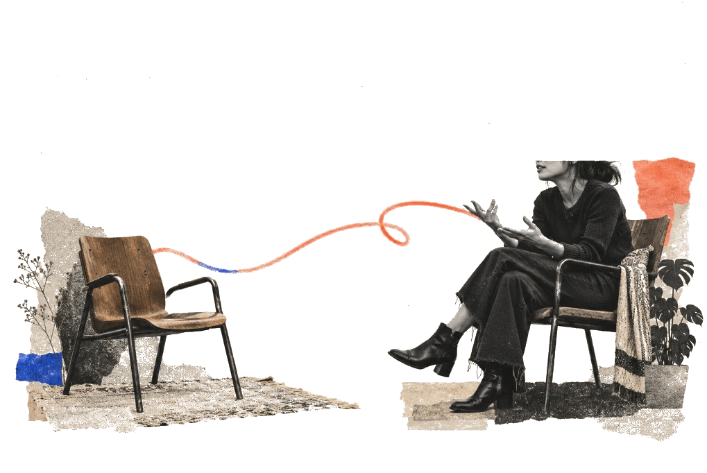 Collage of an empty chair linked by a hand-drawn red line to a woman gesturing in conversation