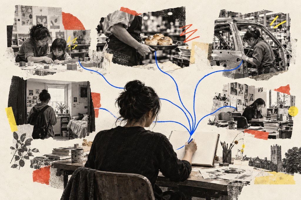 Collage of a designer at a desk with blue lines connecting five torn photos of earlier jobs — tutoring, serving rolls, assembling cars, dorm life, and campus communications