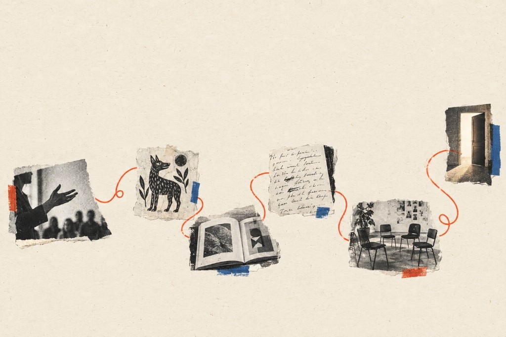 Scrapbook collage of torn photos and sketches—speaking, an animal print, an open book, handwriting, chairs in a circle, and an open door—linked by a winding orange line across cream paper