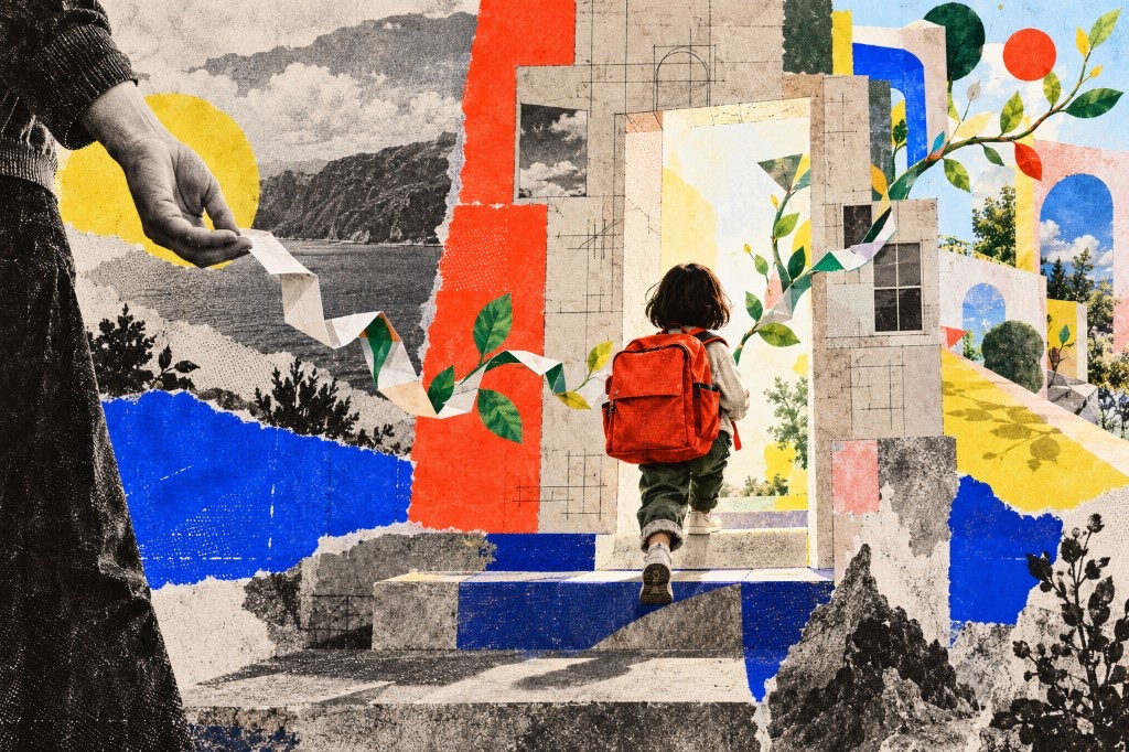 Surreal collage of a child with a red backpack climbing stone stairs through a doorway, while an adult hand holds a paper strip that turns into a green vine against grainy landscape and bold yellow, blue, and red shapes