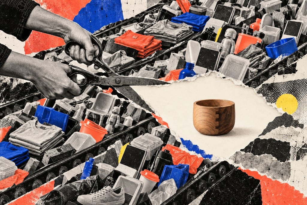 Editorial collage of hands cutting through conveyor belts of mass-produced clothes, cups, and packaging to reveal a single handcrafted wooden bowl on a clean white space