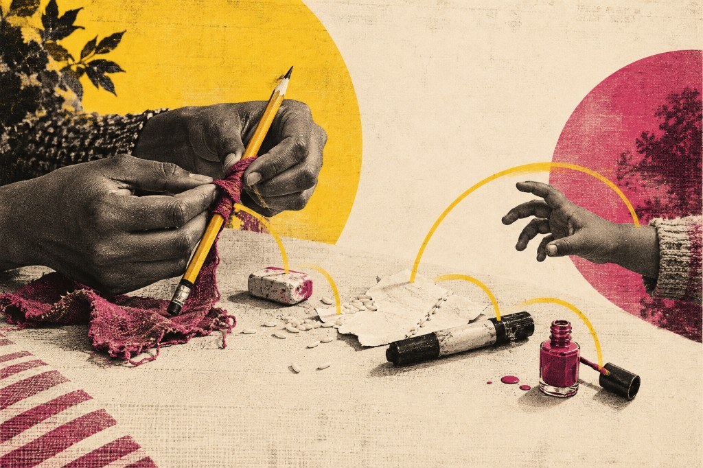 Collage of adult hands wrapping a pencil in scrap fabric beside a child’s reaching hand, with rice, nail polish, a marker, and an eraser scattered on a cream table against yellow and magenta circles