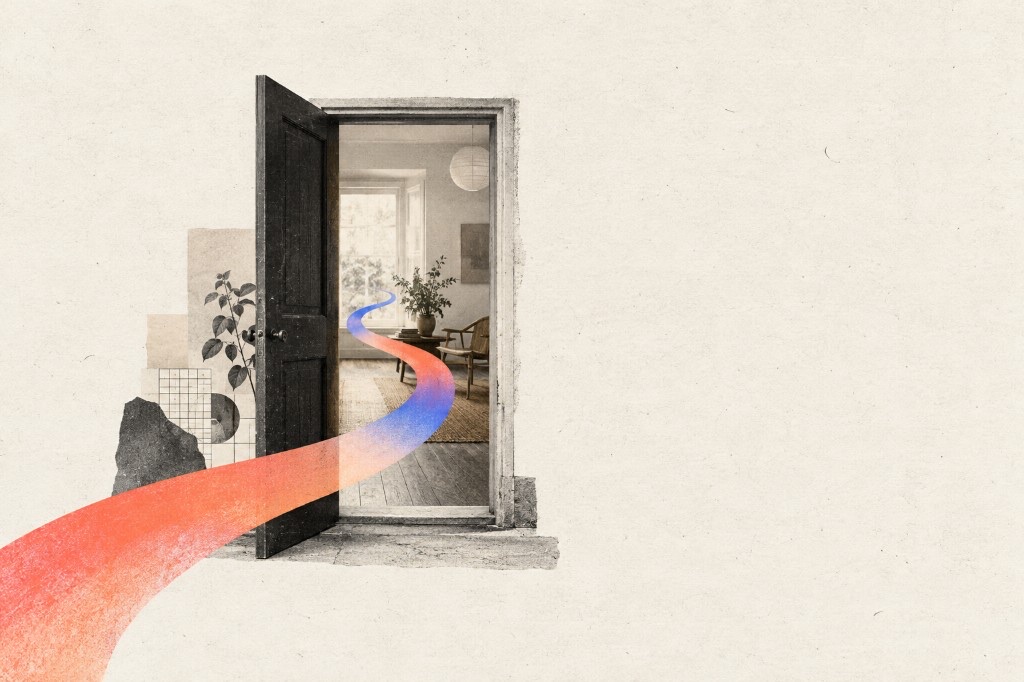 Surreal collage of an open black doorway into a sunlit minimal room, with a flowing orange-to-blue ribbon path crossing the threshold past layered paper and plant scraps
