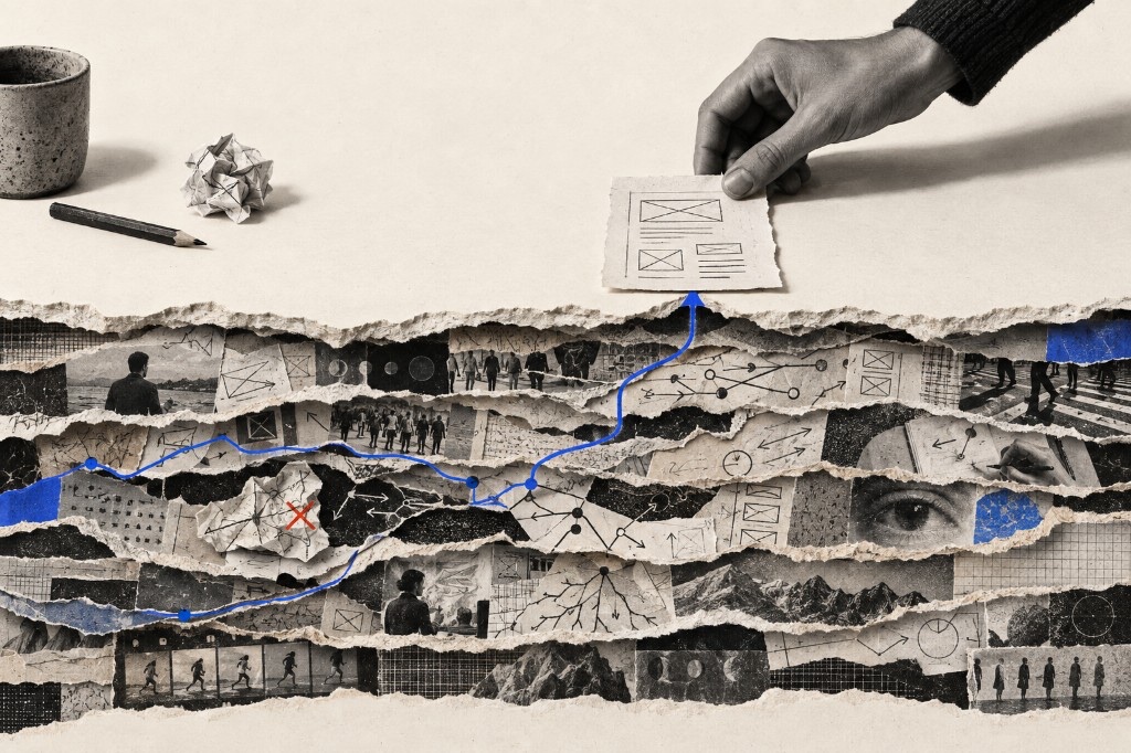 Collage of a hand placing a simple UI wireframe above stacked torn-paper layers of photos, diagrams, and research, with a blue path winding upward toward the sketch