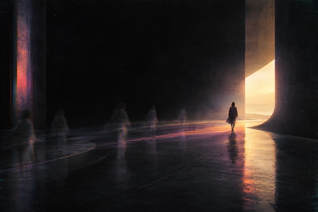 A lone figure walks through a vast dark hall toward a brilliant golden portal of light, leaving faint blurred silhouettes behind in the shadows
