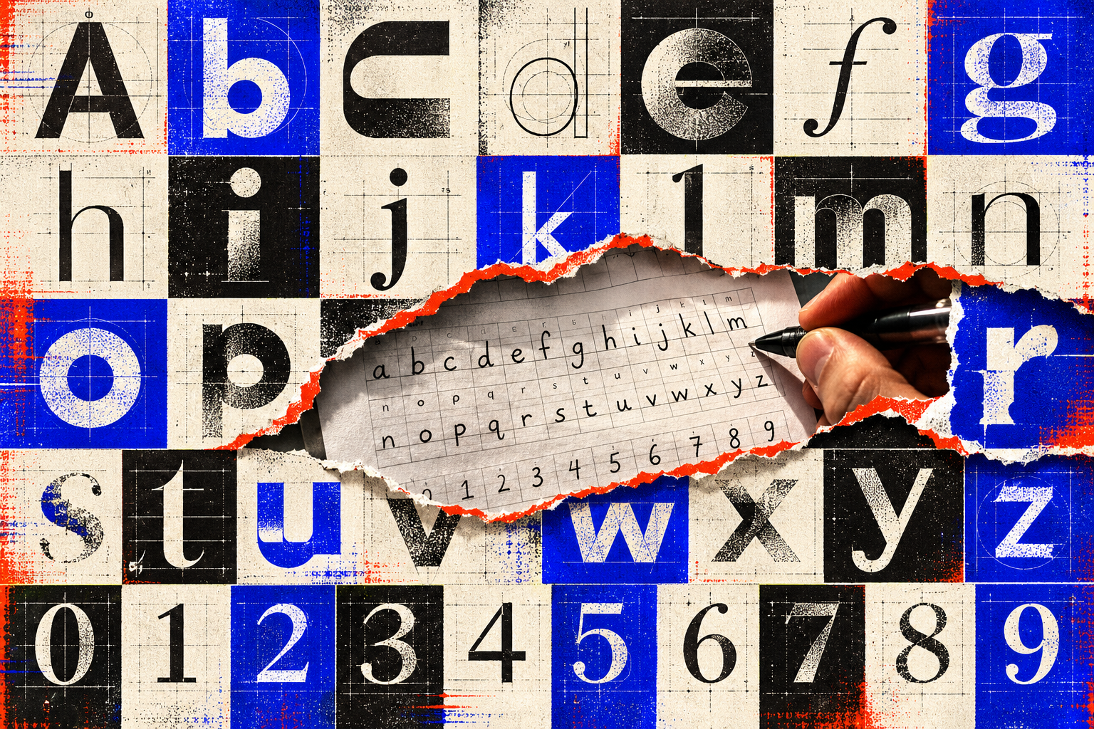 Collage of oversized serif letters and numerals surrounding a torn-paper window where a hand writes lowercase letters on a type specimen sheet