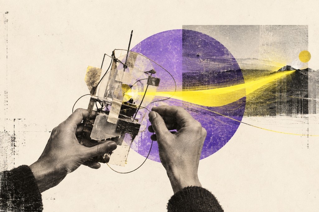 Collage of hands tinkering with a rough taped-together prototype, a yellow streak of light leading toward a small sun over a mountain landscape