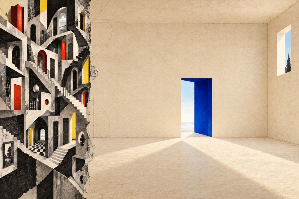 Surreal collage split by a torn edge: a dense grayscale maze of stairs and doors on the left opens into a bright empty room with a single open blue doorway and a small window on the right
