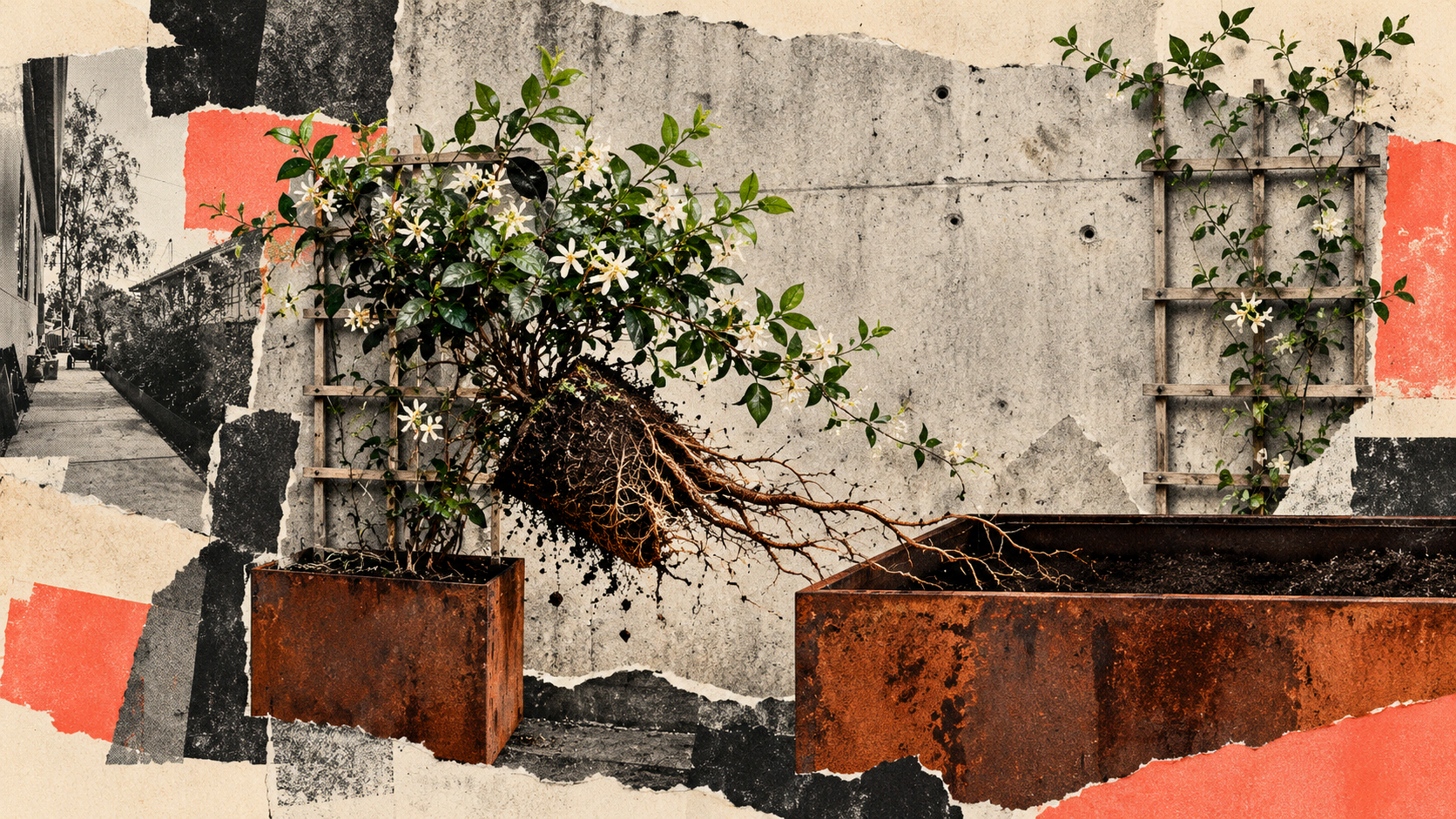 Torn-paper collage of jasmine lifted from a small corten planter, its roots exposed, and moved into a much larger planter