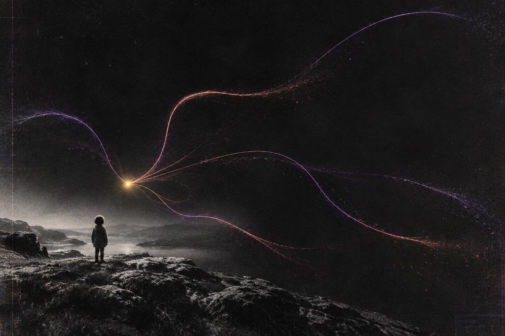 A small child stands on a dark rocky cliff at night, looking out over misty water toward a bright golden light whose orange, pink, and purple trails stretch across a grainy black sky