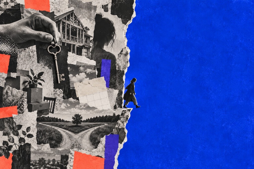 Collage of black-and-white photos—a hand holding a key, a house frame, moving boxes, a fork in the road—torn along a jagged edge where a small figure walks into a vast textured blue field
