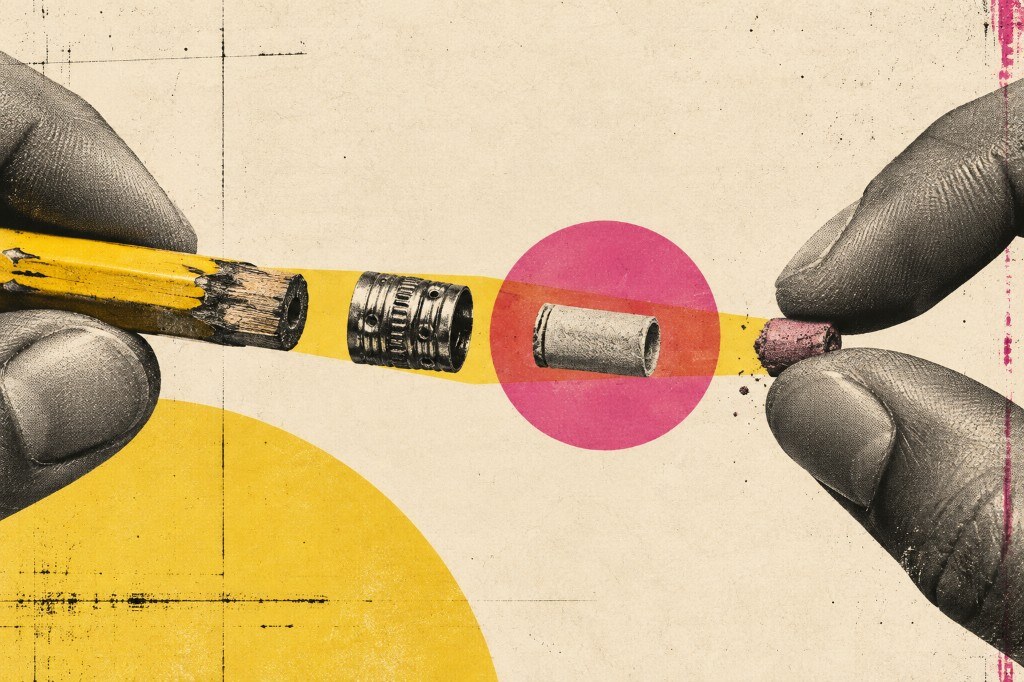 Hands holding a pencil and a worn eraser with a metal ferrule and a tiny rolled paper floating between them
