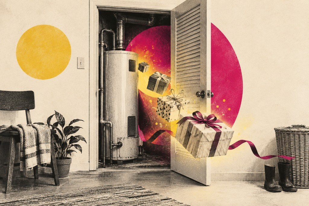 An open water heater closet with wrapped gifts tumbling out into a grainy apartment hallway